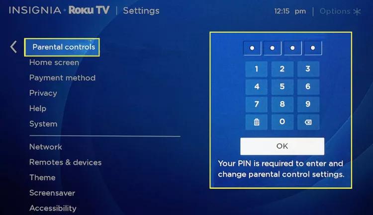 Pilih Kontrol orang tua untuk memasukkan PIN 4 digit Anda