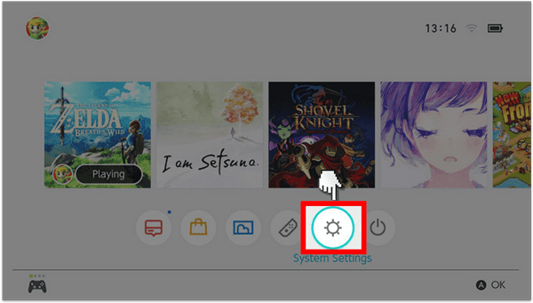 Beállításikon a Nintendo Gaming Console-ban