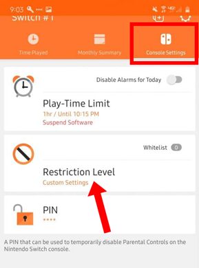 Restriction Setting in Nintendo Parental App