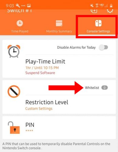 Whitelist Games Option in Nintendo Switch Parental App