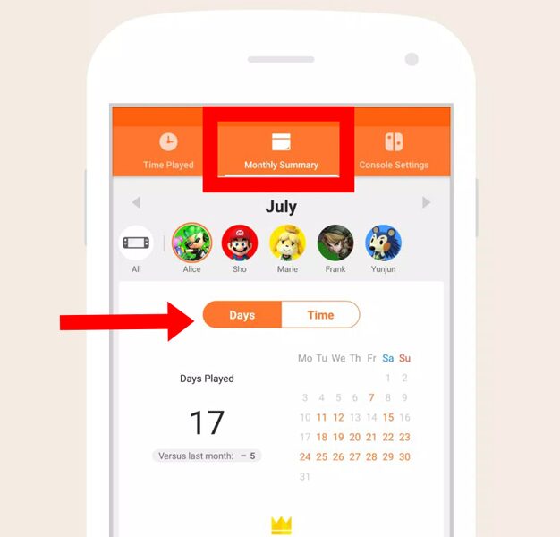 Resumen mensual del tiempo de juego Aplicación para padres de Nintendo