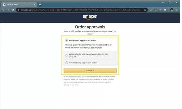 การควบคุมโดยผู้ปกครองของ Amazon - เลือกการอนุญาตการซื้อ