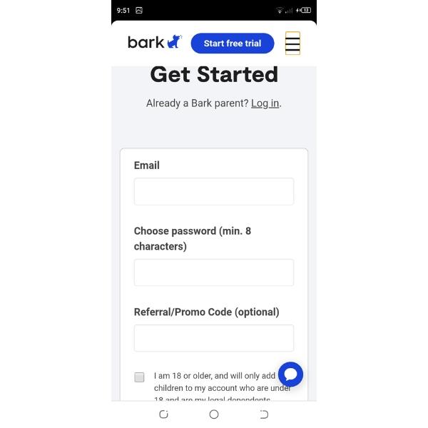 Bark Parental Control - Sign up and create an account