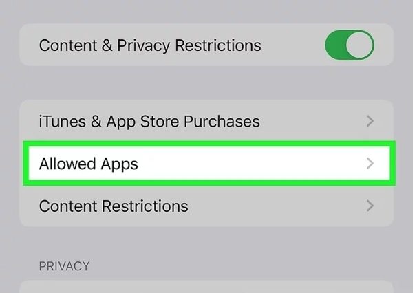 Apple parental controls - Tap on Allowed Apps