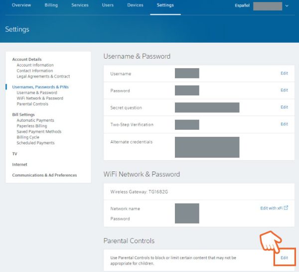 fai clic sull&#39;opzione di modifica nel controllo genitori di xfinity