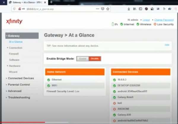 access Xfinity's Wireless Gateway Admin tool