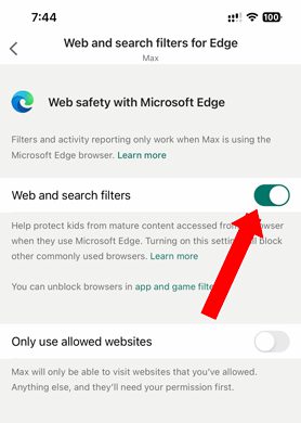 Siwtch on Website Filter u Microsoft Family Safety