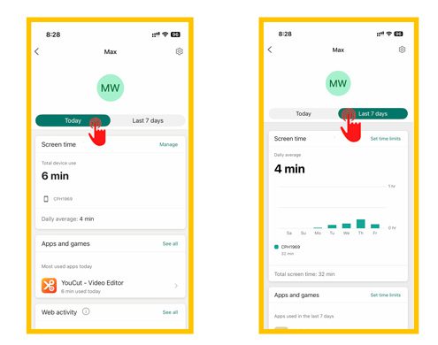 Ver informes diarios y semanales en la aplicación Microsoft Family Safety