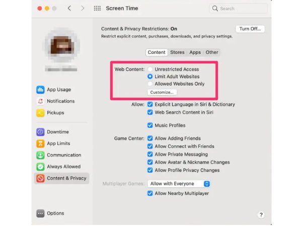 Mac: การตั้งค่า-เนื้อหาเว็บ-จำกัดเว็บไซต์สำหรับผู้ใหญ่