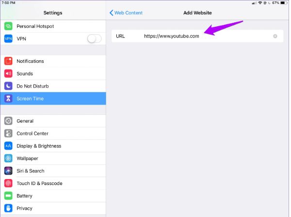 Block Youtube on Safari-Screen Time-Add Website-Enter the sites to proceed