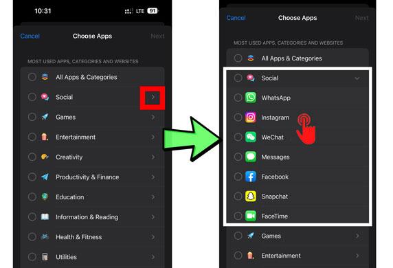 Choose Instagram from Social Apps in Screen Time