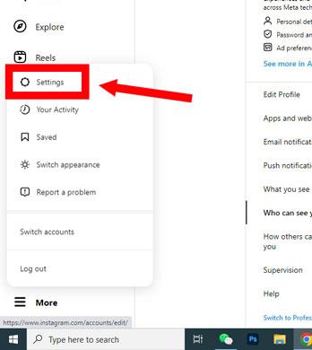 คลิกที่ การตั้งค่า เพื่อเปิดตัวเลือกบัญชีที่ถูกบล็อกบน Instagram PC