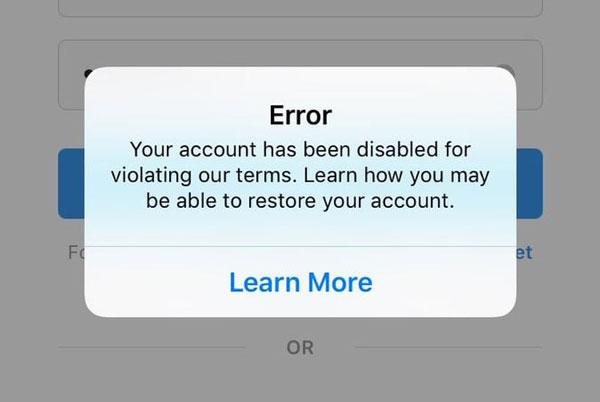 Unable to log in to Instagram account disabled