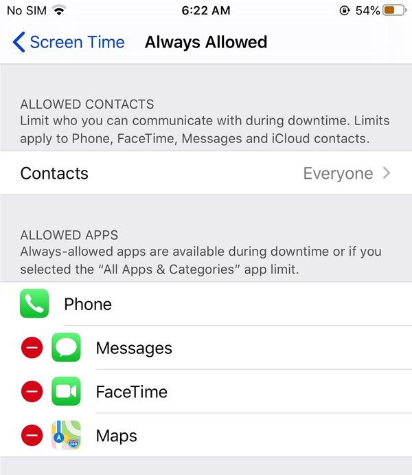 Parental control iPhone - Always Allowed Apps