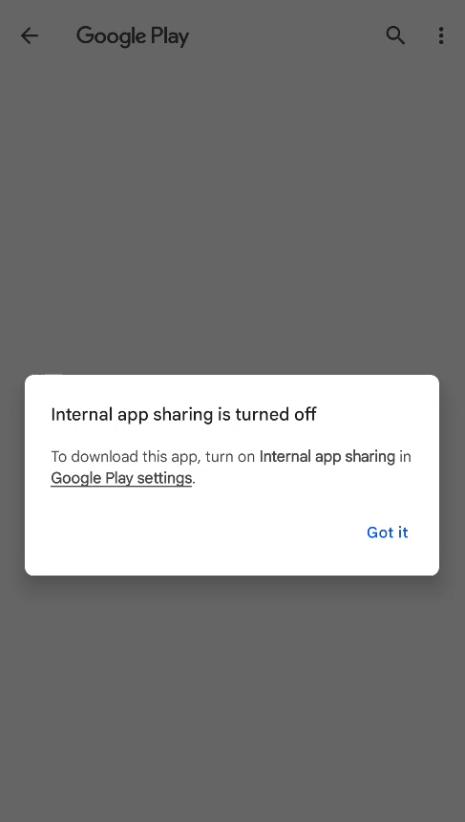 O compartilhamento interno de apps está desativado