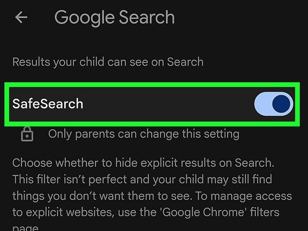 Option SafeSearch dans Google Family Link