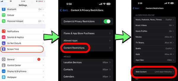 How to go to Web Content settings in iPhone's Screen Time