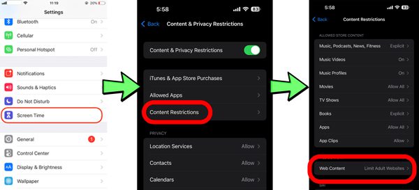 Come accedere alle impostazioni dei Contenuti Web in Screen Time dell&#39;iPhone