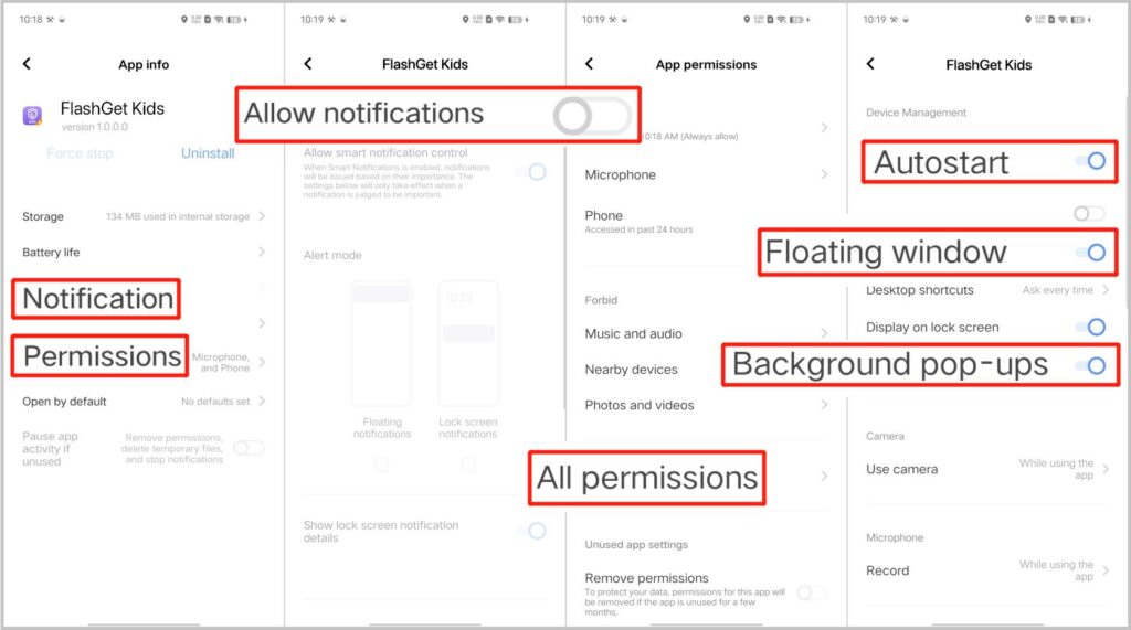 Como manter FlashGet Kids rodando em segundo plano em dispositivos vivo - Notificações e permissões