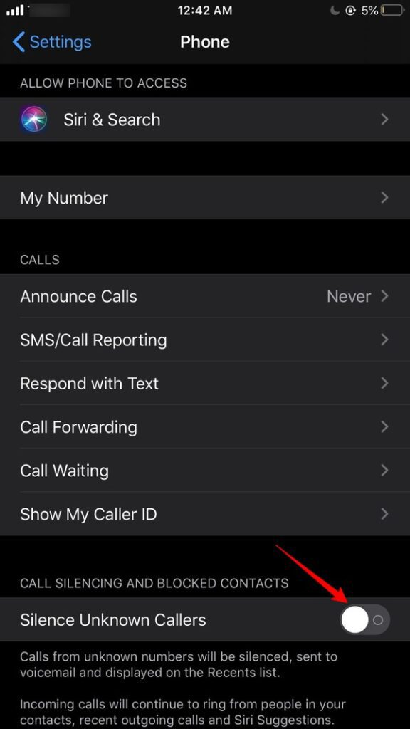 Ouvrez Silence Unknow Callers pour arrêter certains appels