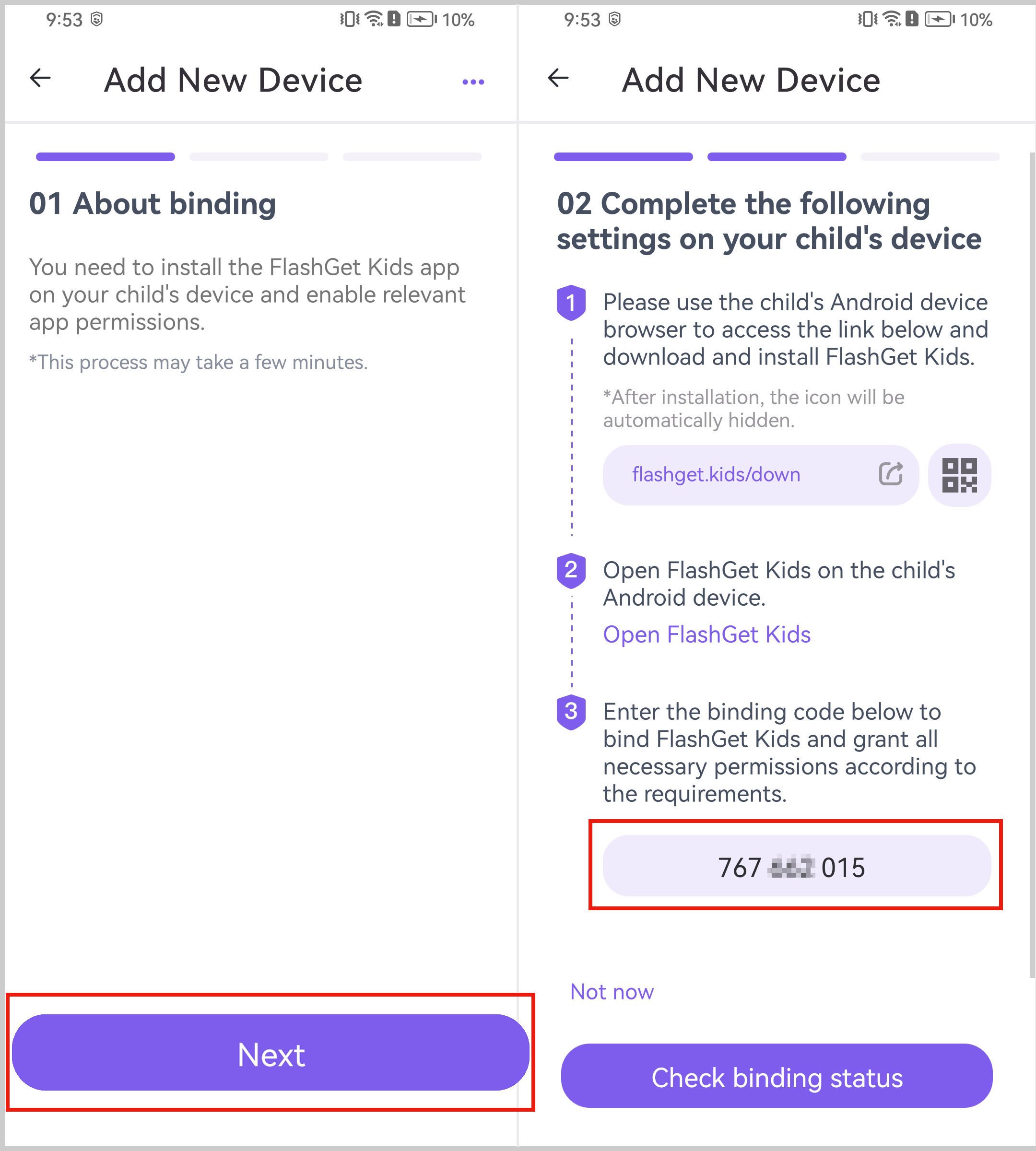 How to acquire a binding code on FlashGet Parental Control