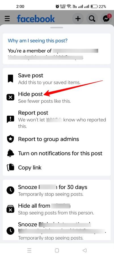 Hide post on Facebook