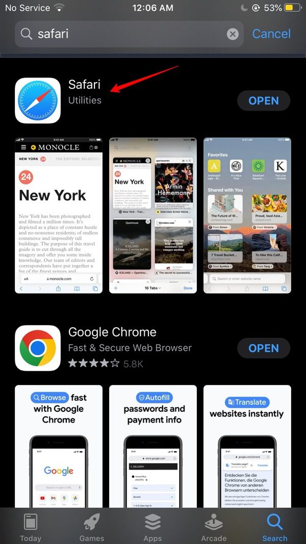 Reinstall Safari from the App Store