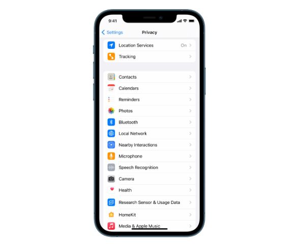 Interface de confidentialité sur iPhone