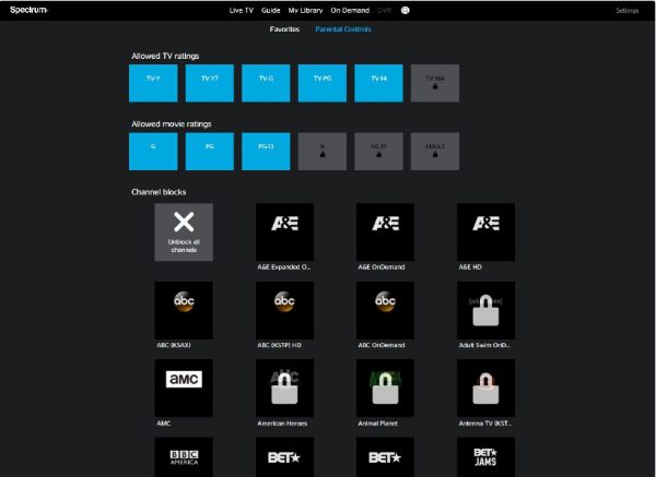 SpectrumTV.com 上的家長控制