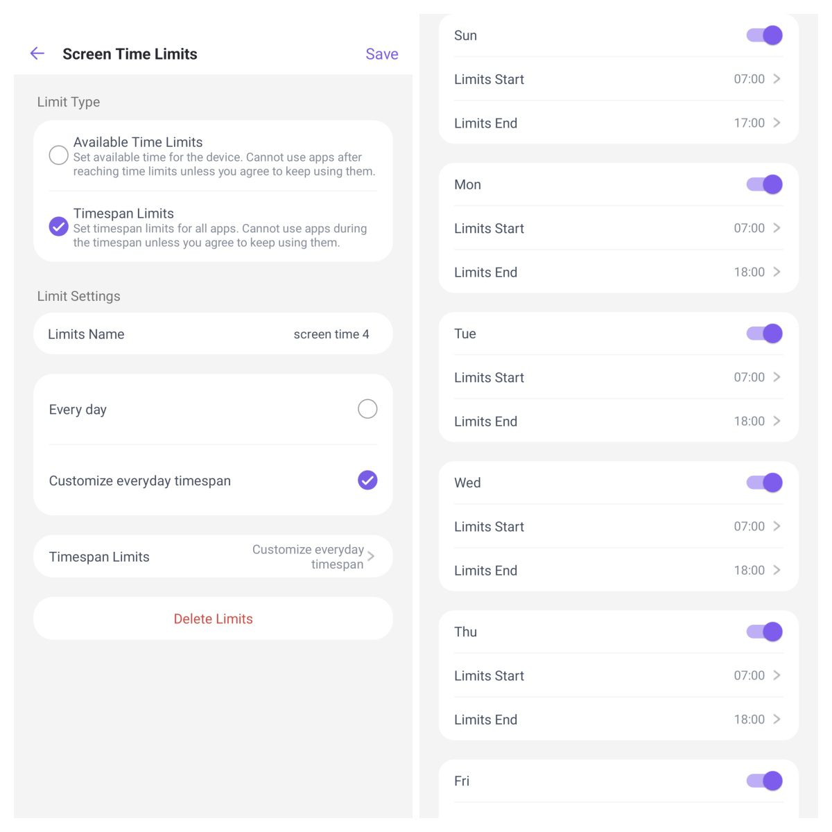 screen time block for each day in a week