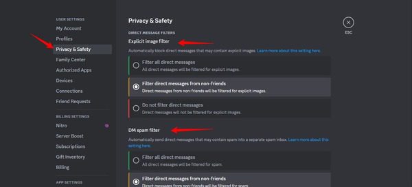 Discord parental control on privacy and safety