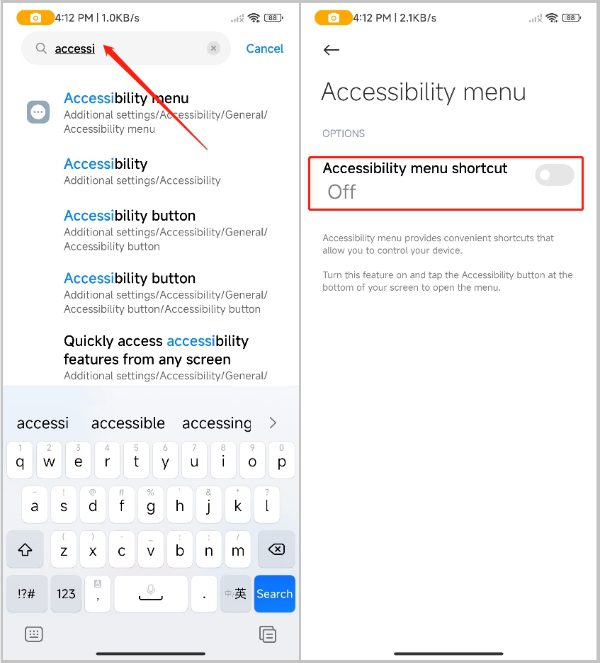 Collegamento al menu Accessibilità