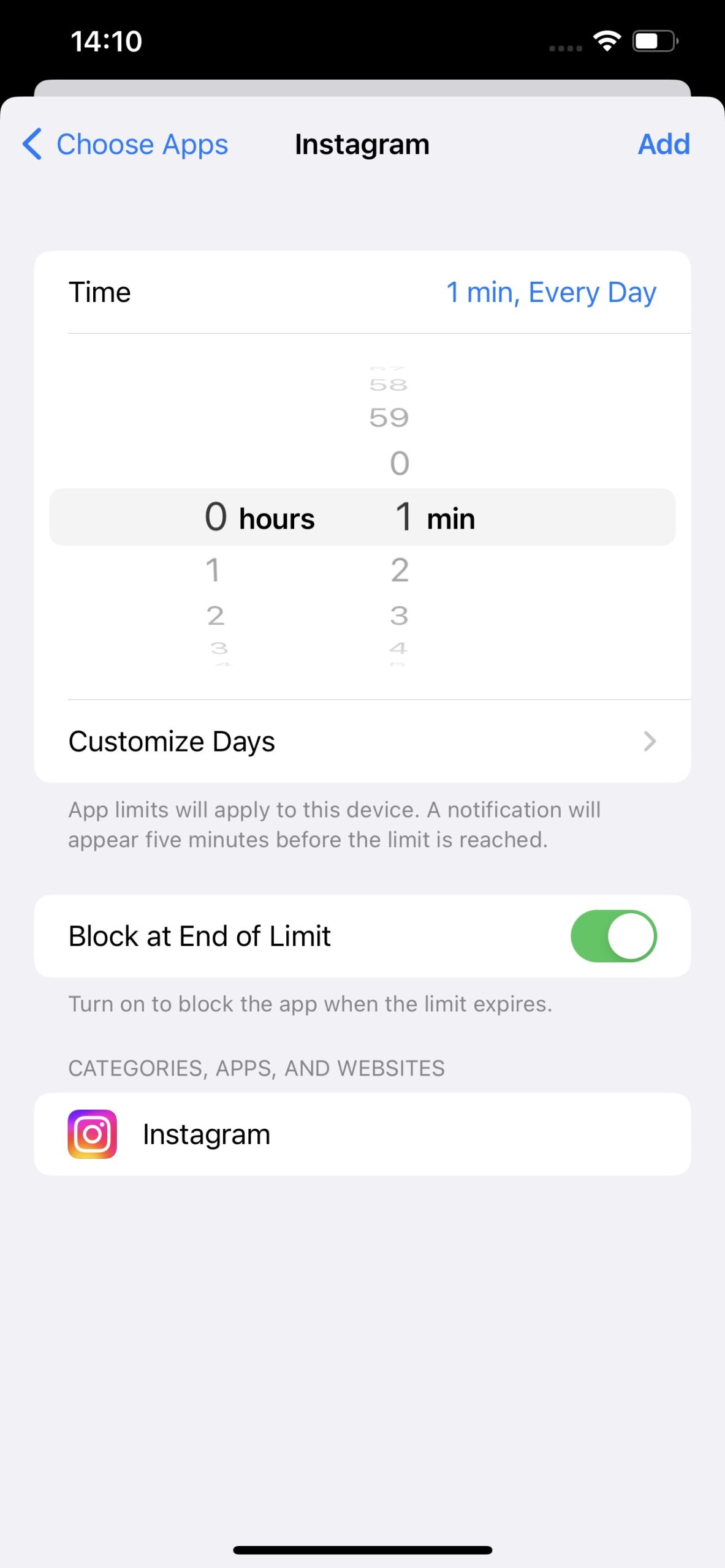 Block Instagram on screen time
