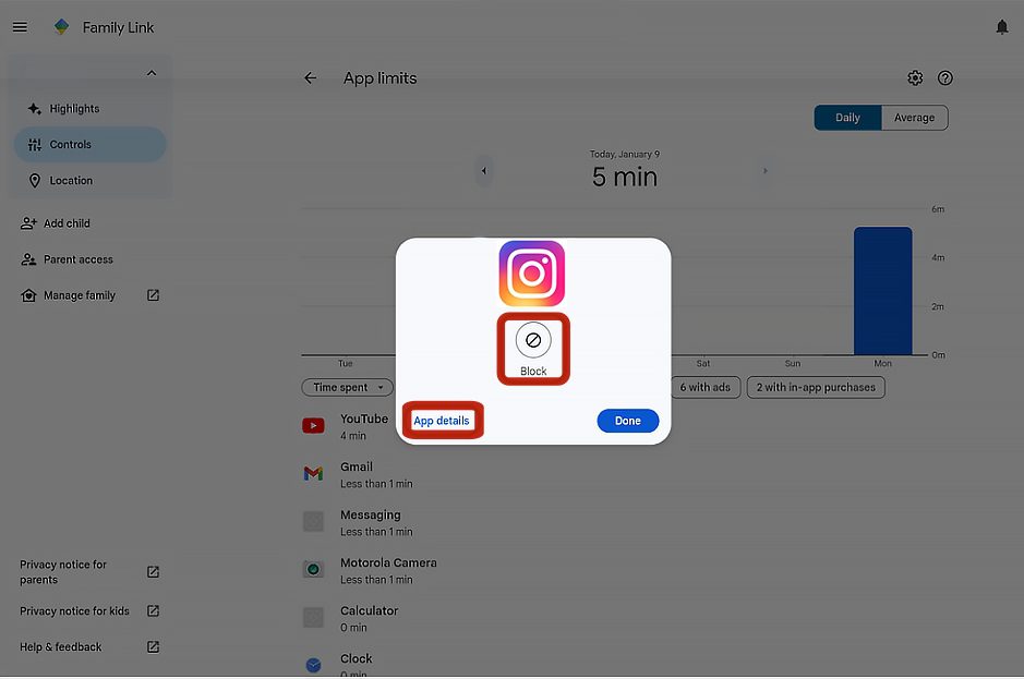 Block Instagram on Google Family Link