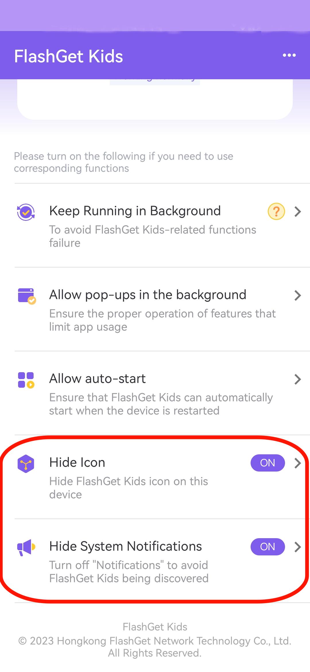 Ocultar ícone e ocultar notificação do sistema no FlashGet Kids