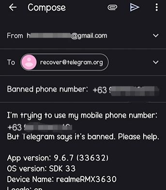 Telegram アカウントの回復に関する電子メールを作成します。