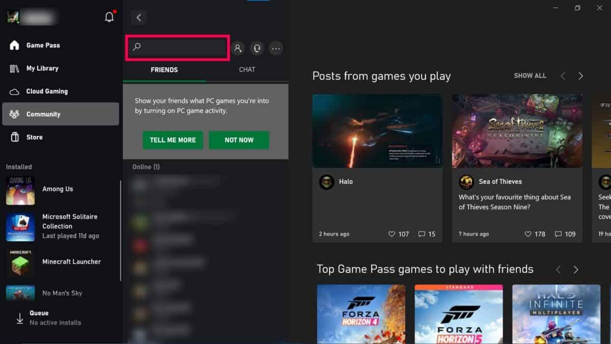 Barra de búsqueda en la aplicación Xbox para PC