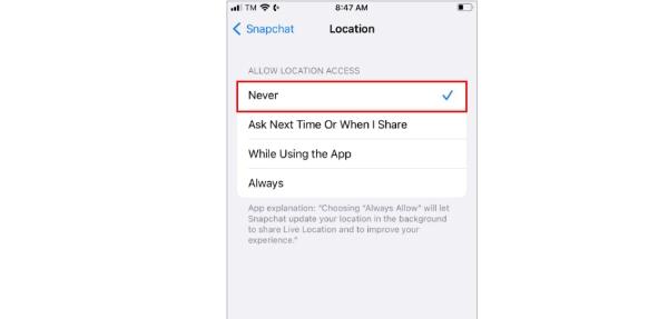 Never allow location access