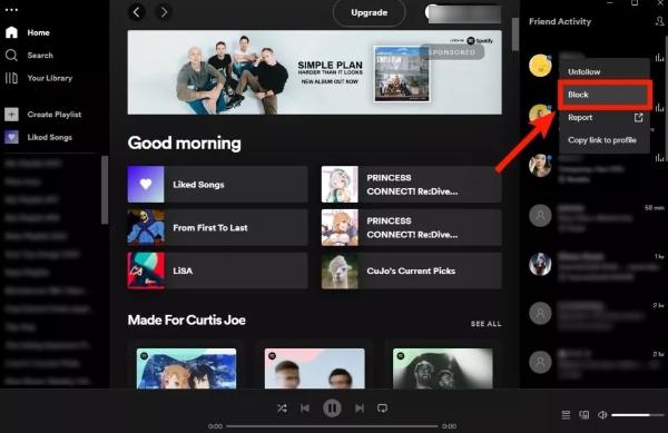How to block on Spotify- Right-click on their profile name
