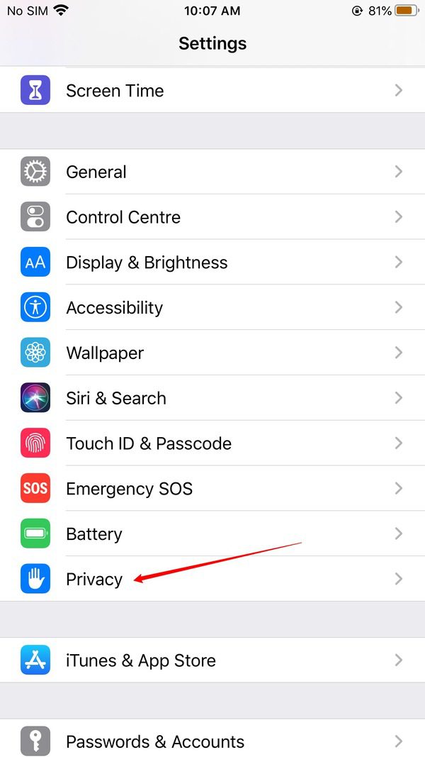  Scroll down and tap on Privacy