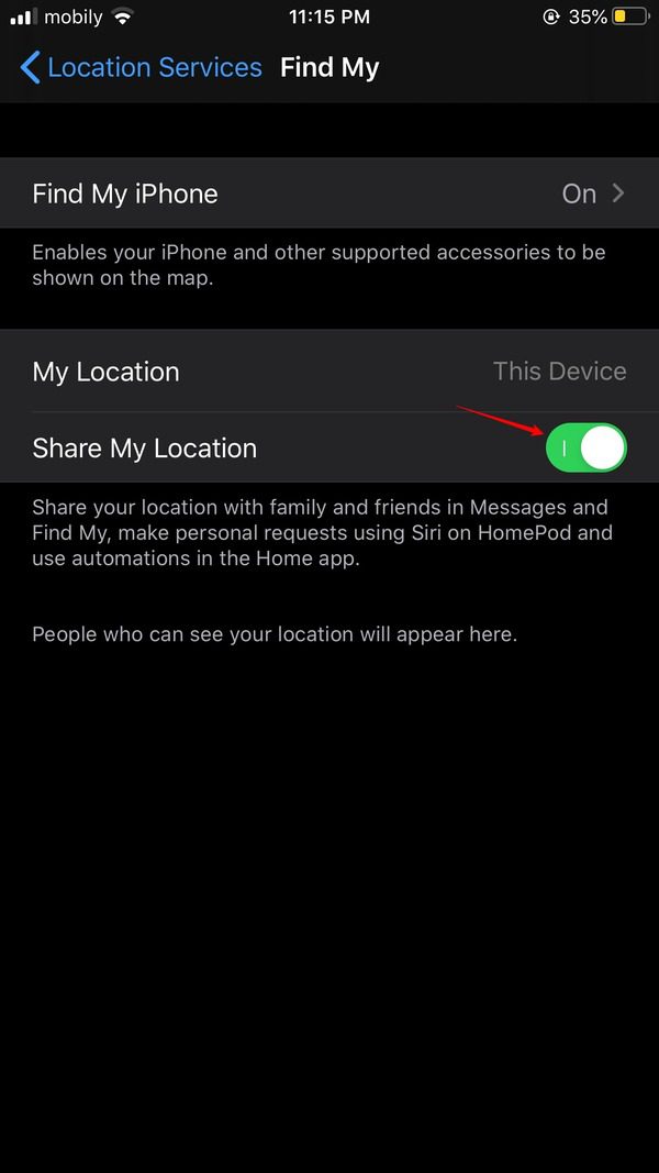 相手に気づかれずに「iPhone を探す」の場所一時停止する方法 - スイッチをオフにします 