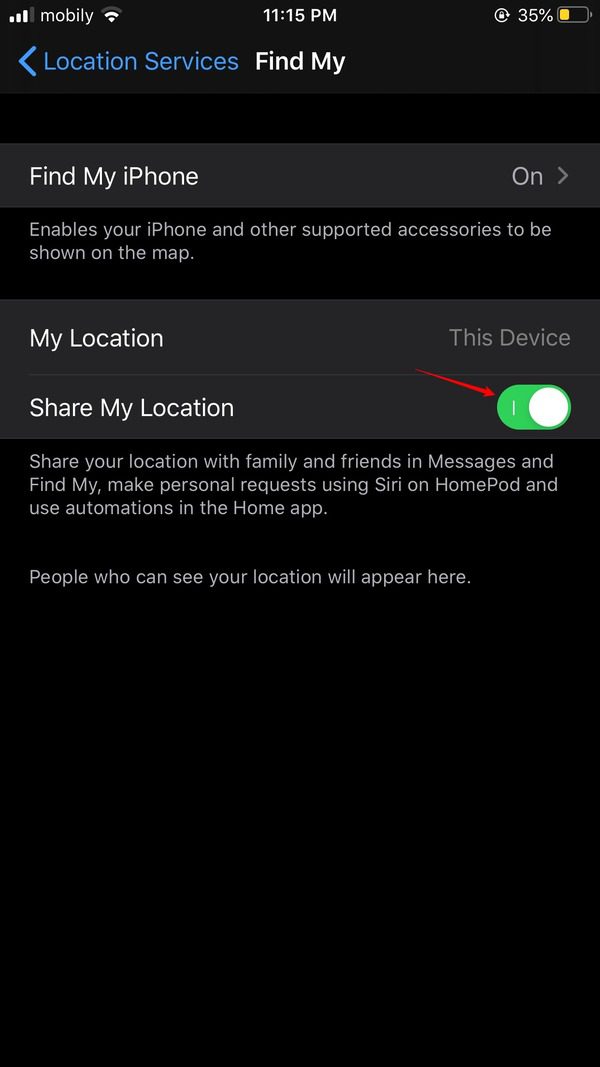 How to pause location on Find My iPhone without them knowing - Toggle off the 