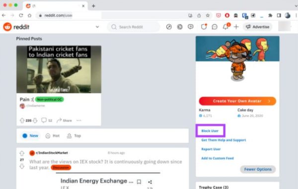 klik opsi blokir di Reddit