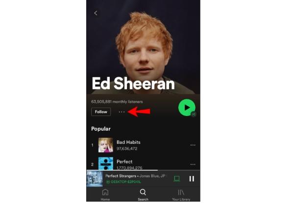 How to block on Spotify- press the three-dot symbol under the artist's cover picture