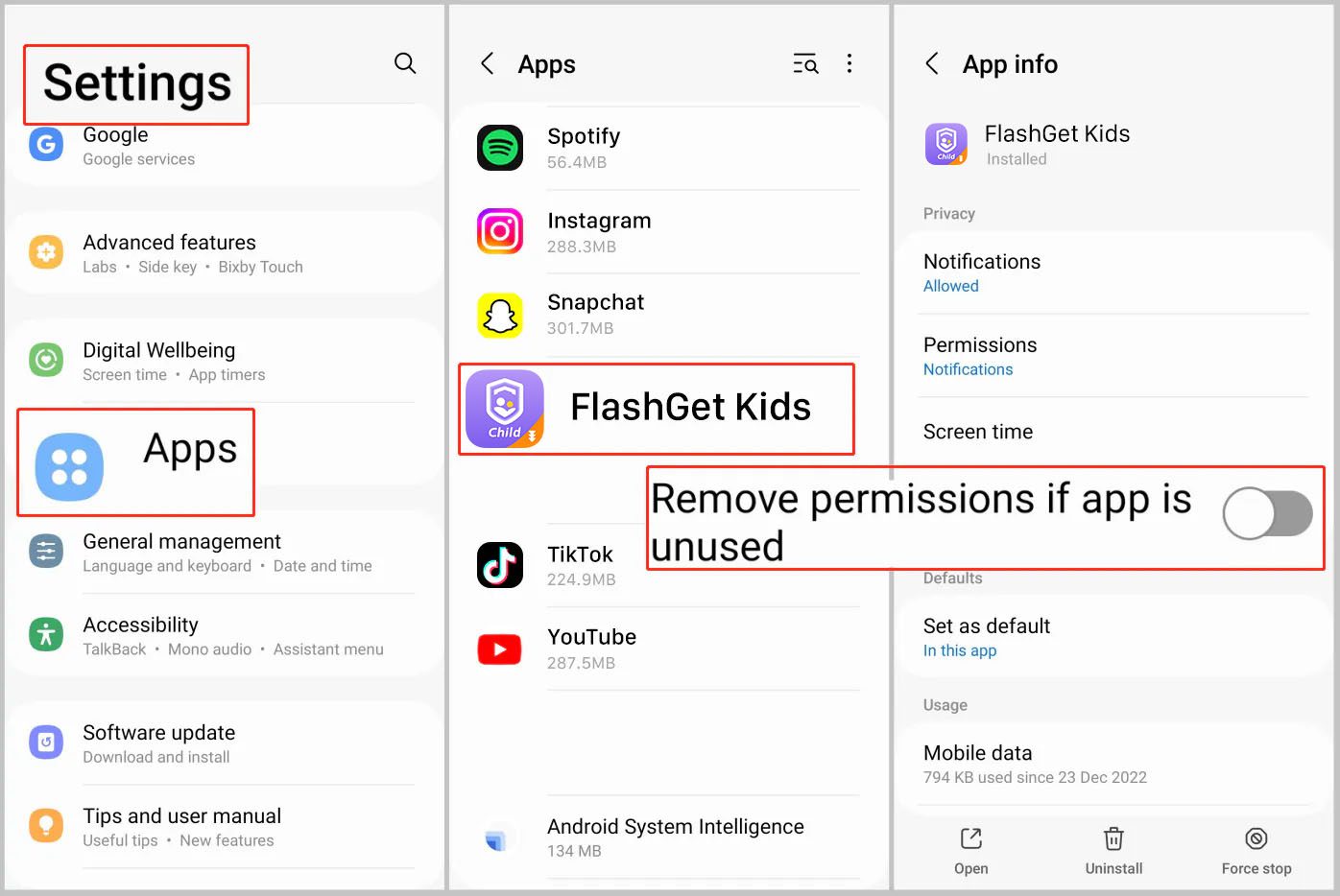FlashGet Kids for child app permissions are turned off automatically