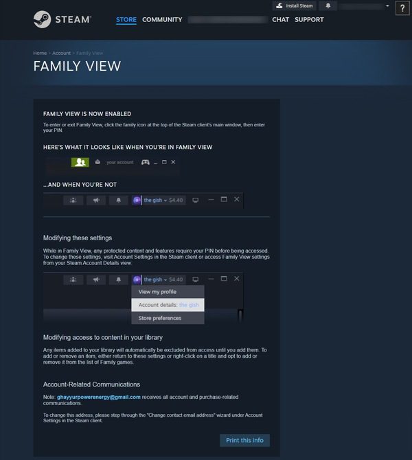 Controle parental do Steam ativado