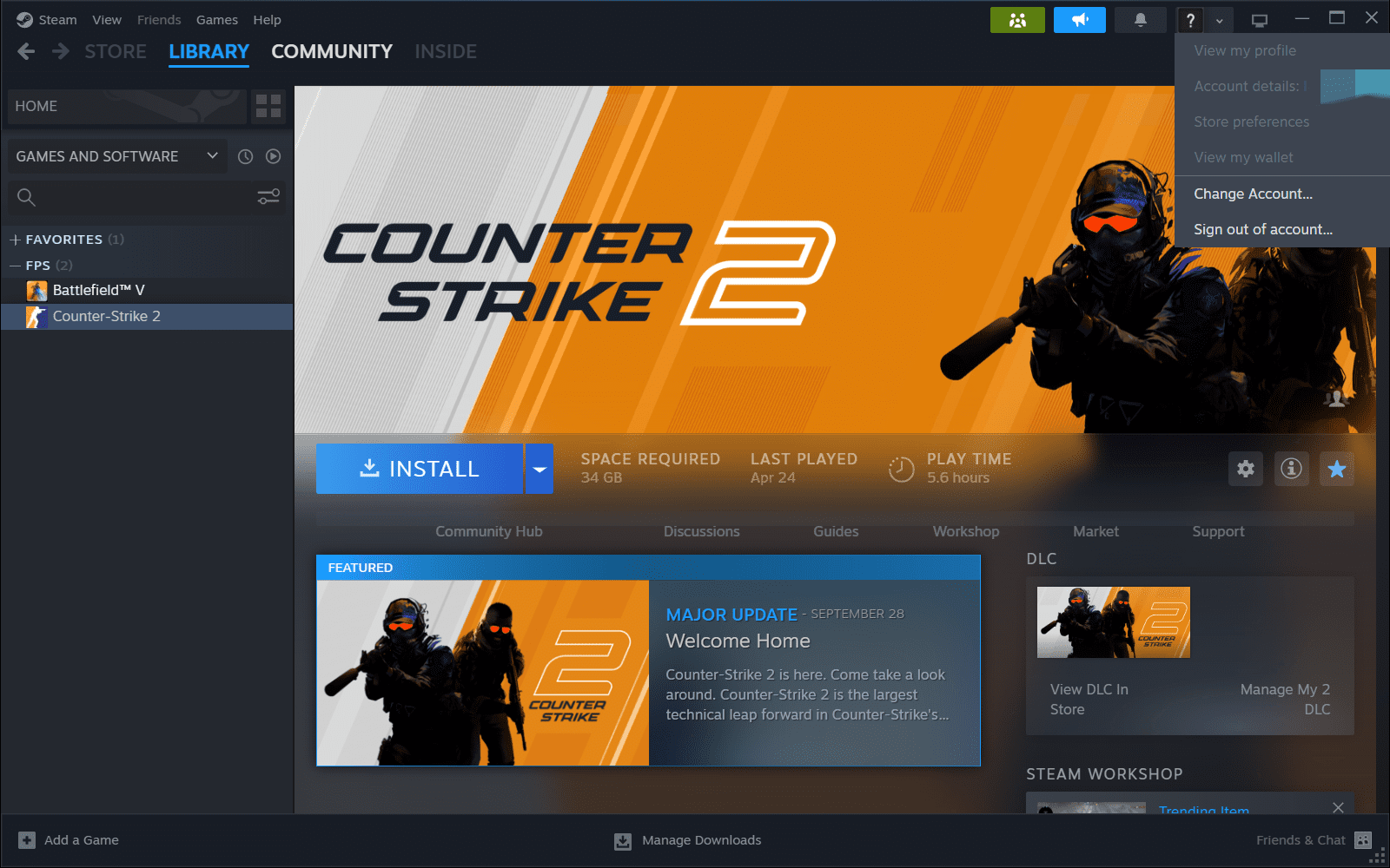 Counter-Strike 2 в библиотеке Steam