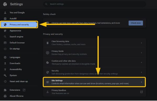 changer emplacement sur Google Chrome-aller à Sécurité et confidentialité