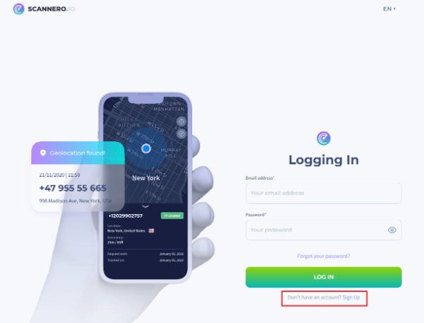 traccia la tua posizione da un SMS - Crea un account su Scanner.io web