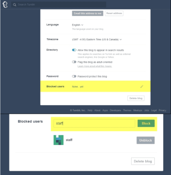Steps to block someone on Tumblr website